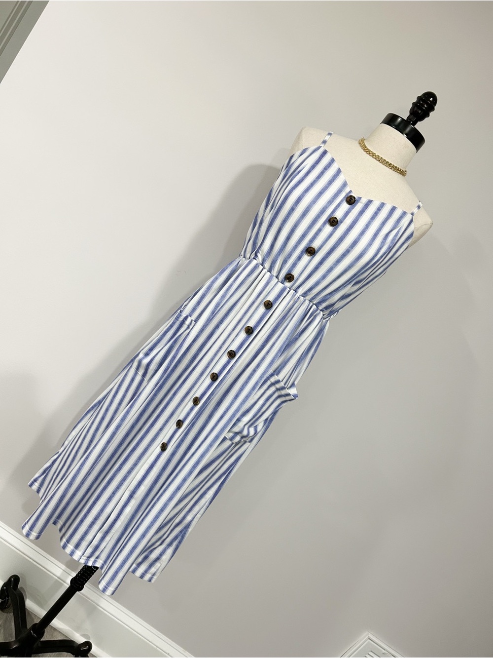 Blue & White Striped Button-Front Midi Sundress